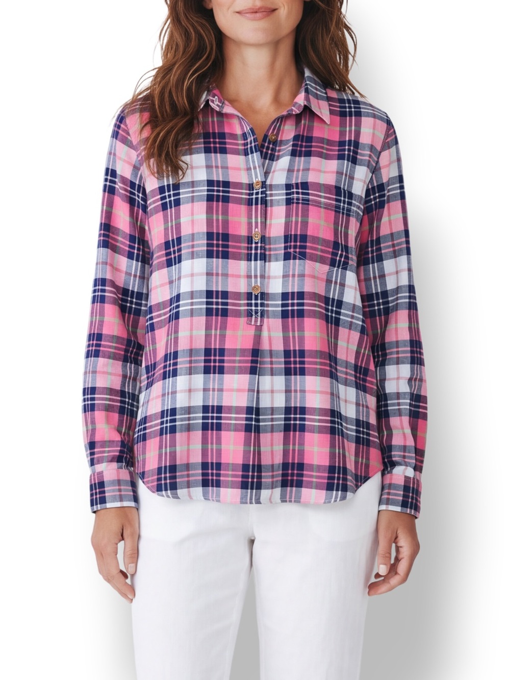 4/$20 J.Crew Pink Navy Plaid Popover Tunic Medium Cotton Long Sleeve Shirt